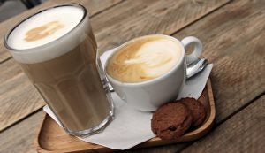 Latte and cappuccino served in a coffee shop.