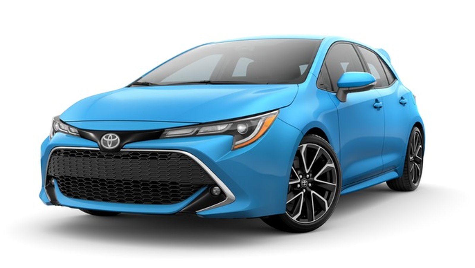 A bright blue Toyota Corolla hatchback 