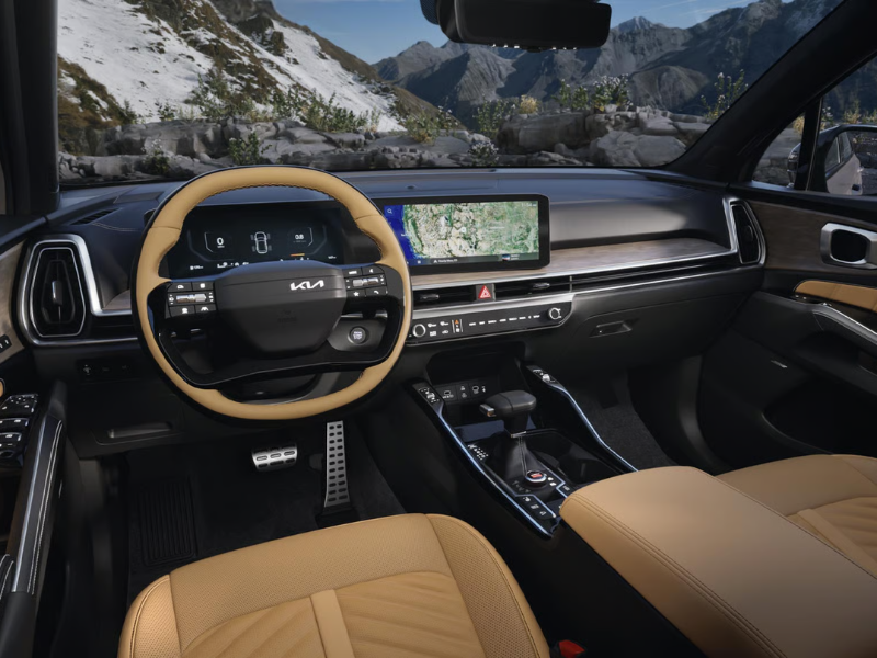 Interior of the 2026 Kia Sorento showing the 12.3-inch touchscreen and digital gauge cluster