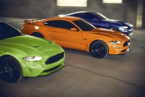 Green, Orange, and Blue 2020 Ford Mustang trio
