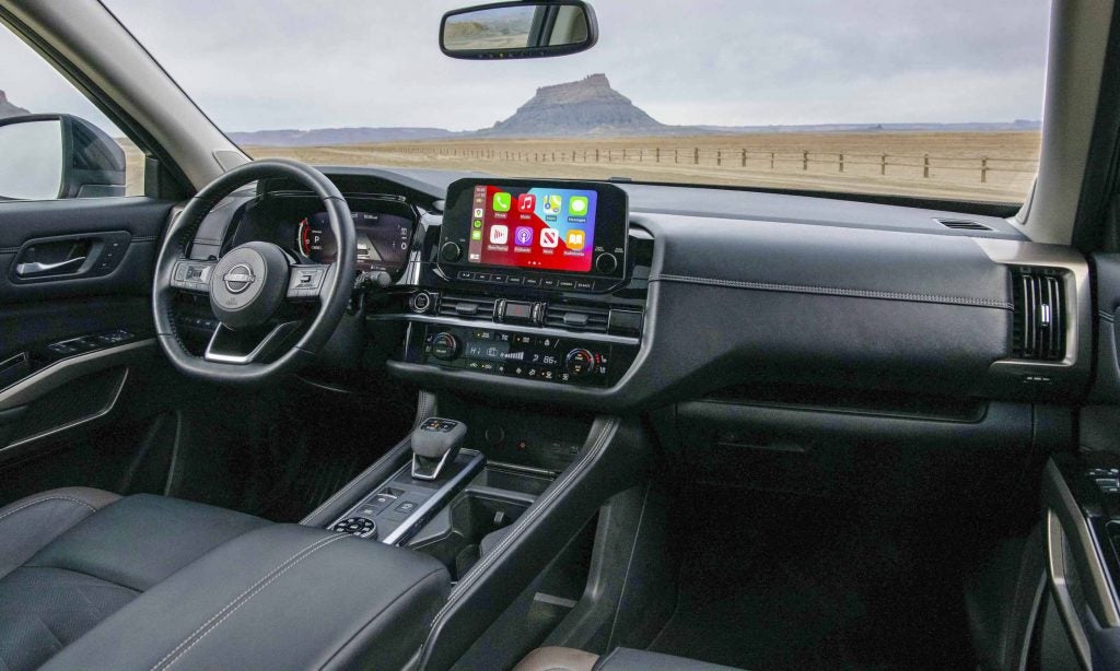 Drivers view of front dashboard inside the new 2022 Nissan Pathfinder.