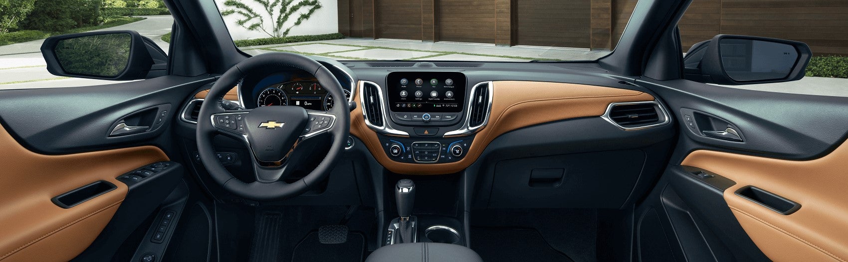 Chevy Equinox black and brown leather interior with dashboard technology