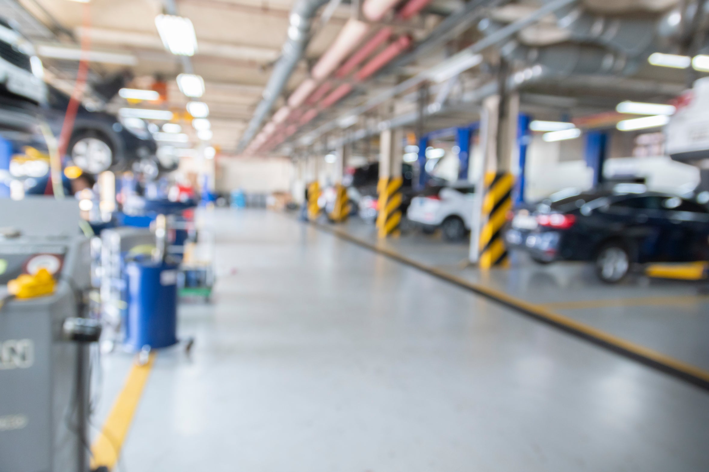 A wide view of a vehicle service workshop