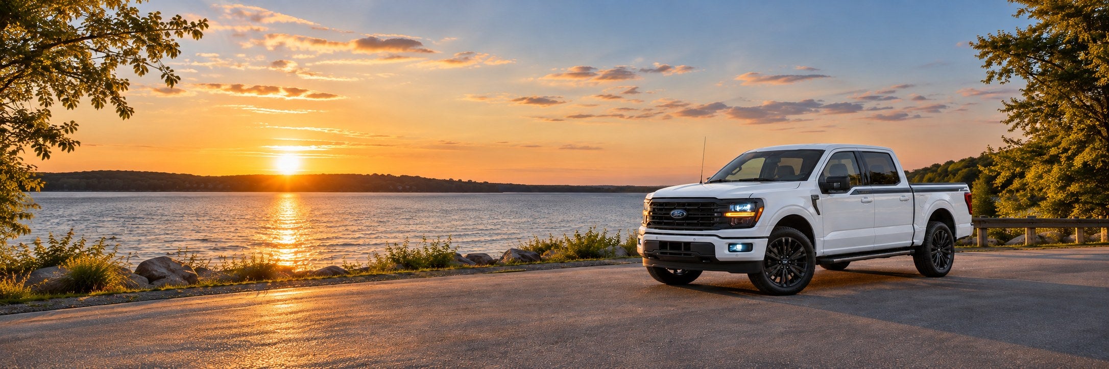 Illustrative Great Lakes-style F-150 beside a Michigan lake at sunset