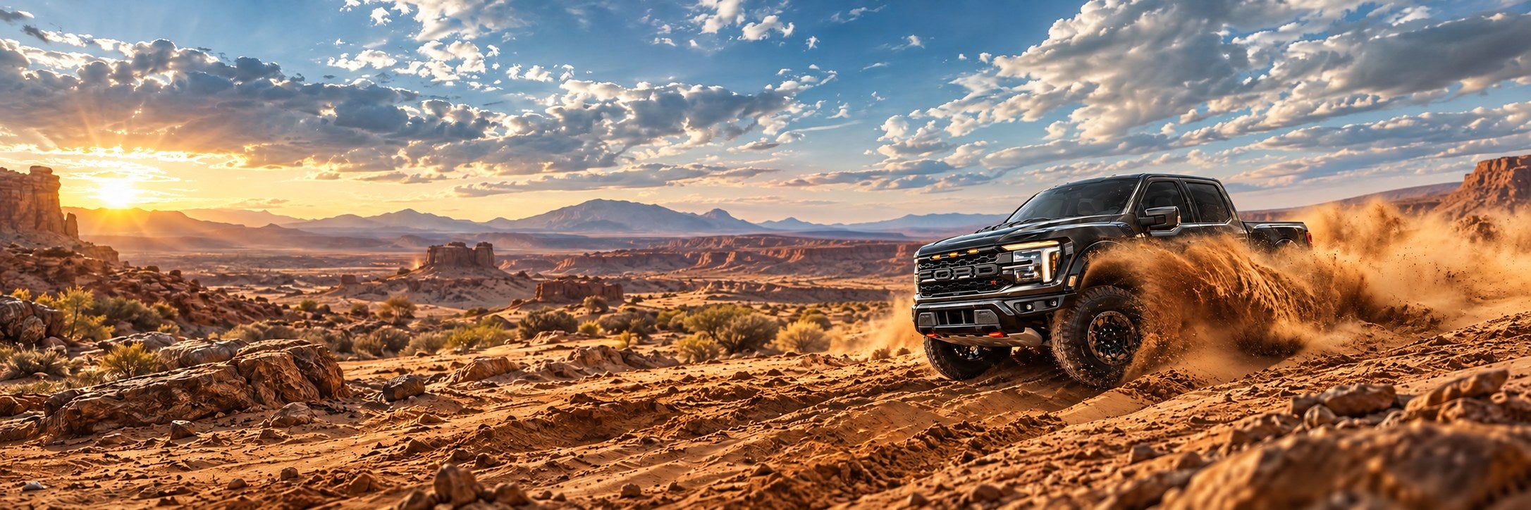Illustrative black Ford F-150 Raptor R driving through desert dust