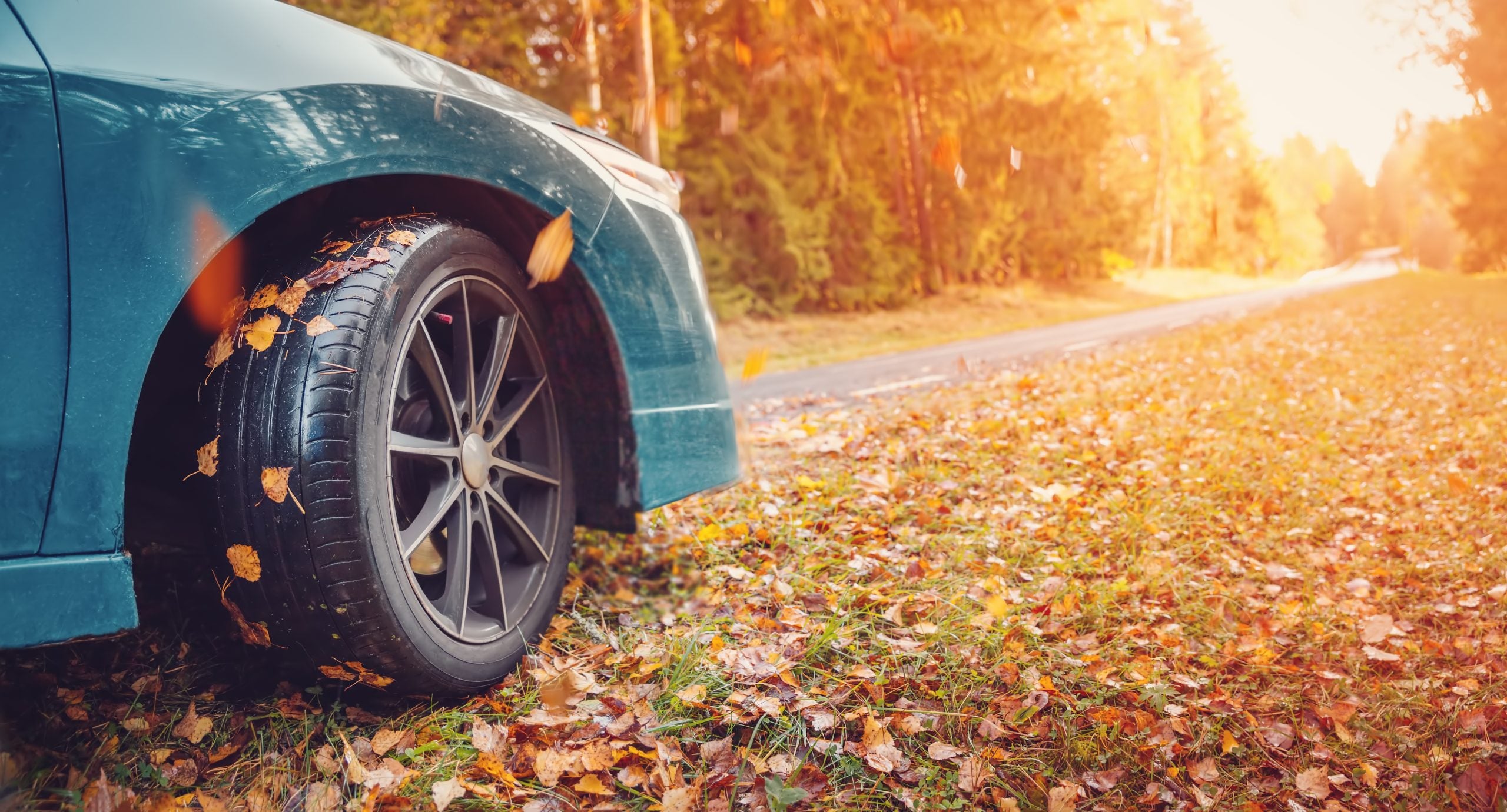 Blue car on the autumnal asphalt road in countryside