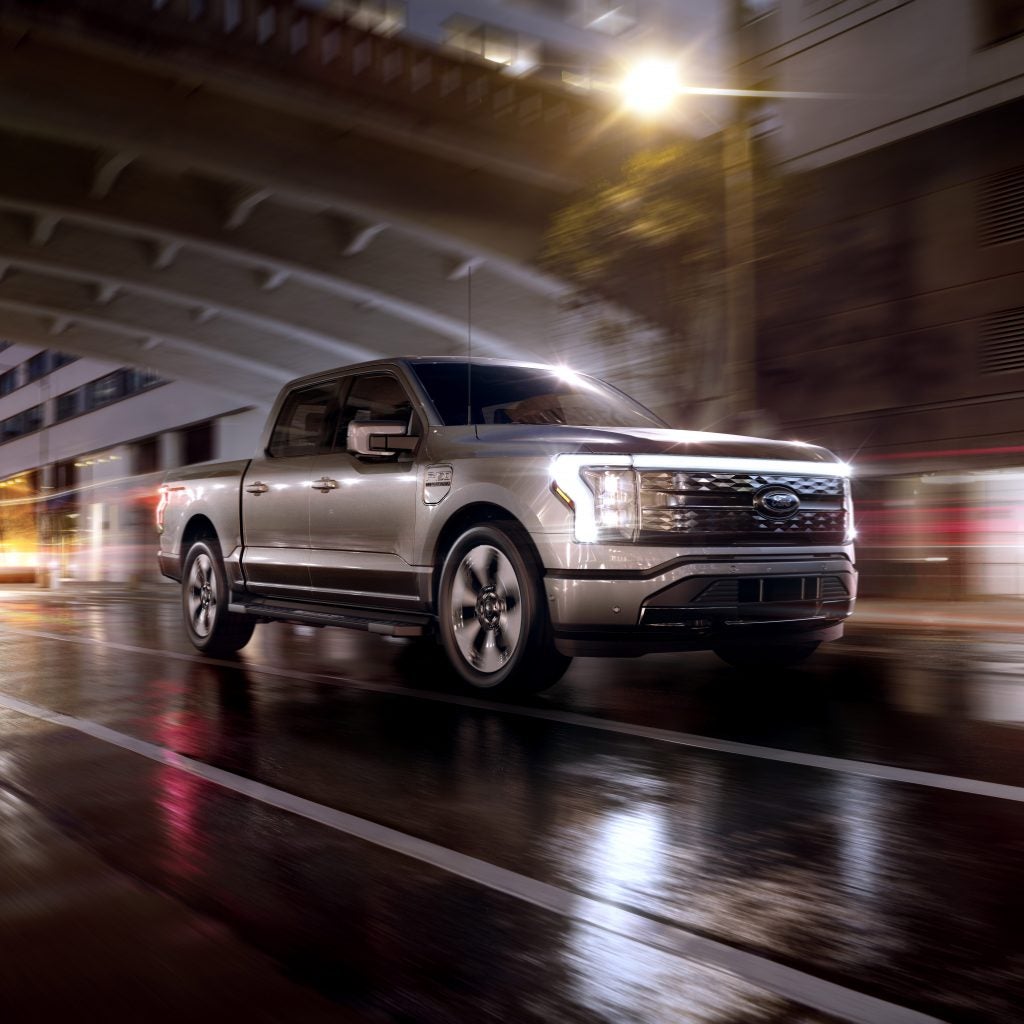 The electric F-150 Lightning on a rainy Joplin Missouri night