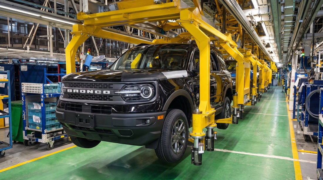 A Ford Bronco Sport moving down the assembly line at a Ford Motor Company plant