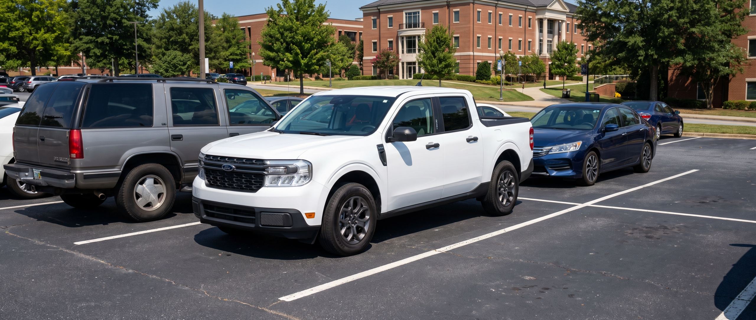 2026 Ford Maverick Hybrid parked in a college campus lot near Greenville, SC, showing compact size relative to other vehicles