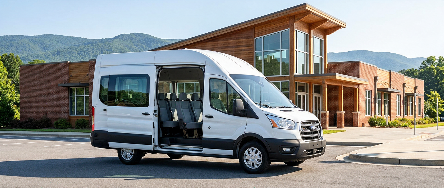 2026 Ford Transit-350 Passenger Van in white, doors open, ready for church or school shuttle use in Greenville, SC