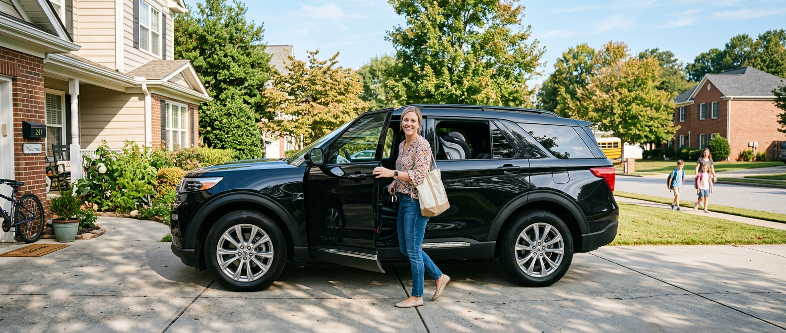 2026 Ford Explorer in a Greenville County driveway ready for the school run, illustrating the Ford oil change guide for busy parents