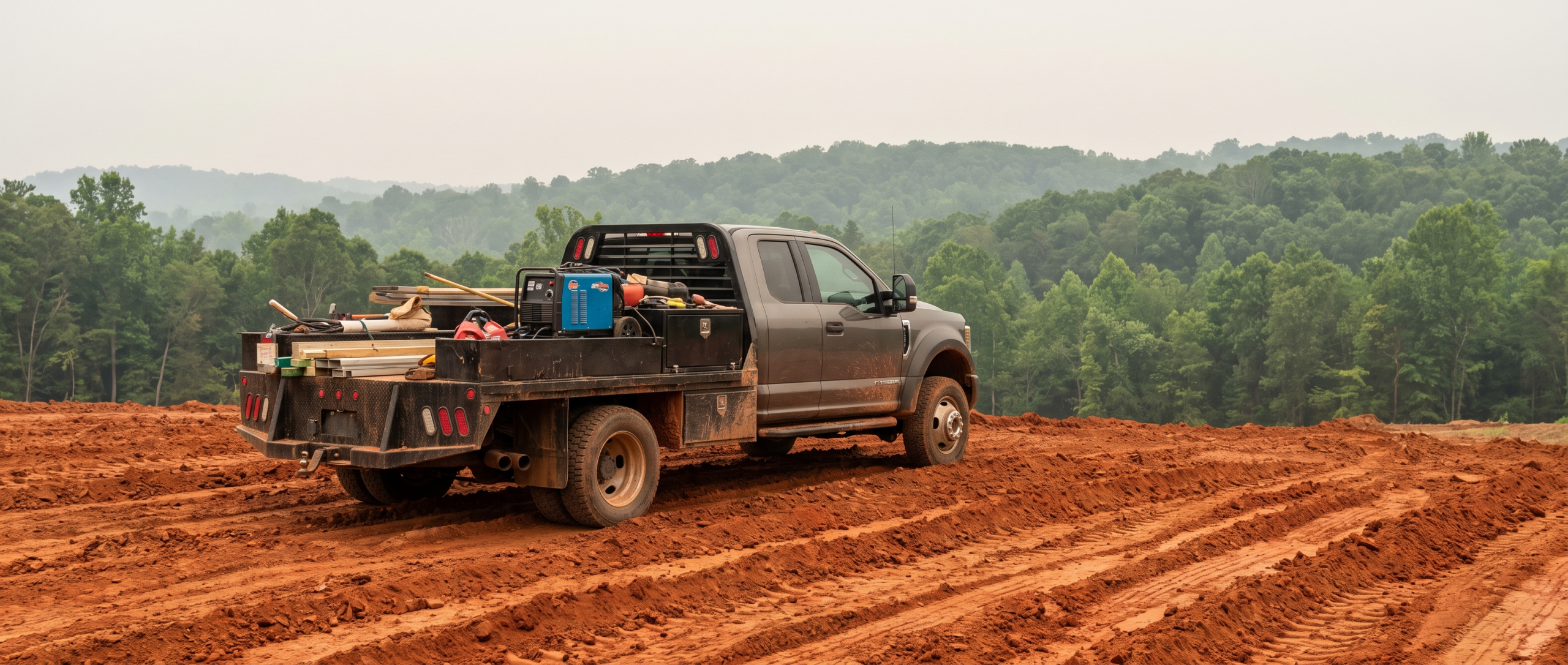2026 Ford F-350 Super Duty dually on a red-clay grading job site in Upstate South Carolina
