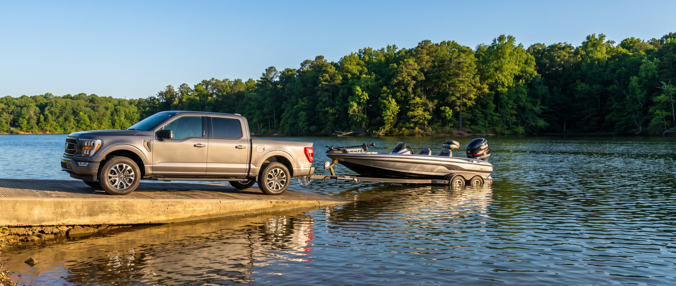 2026 Ford F-150 SuperCrew at a Lake Hartwell boat ramp with a trailer, Upstate South Carolina