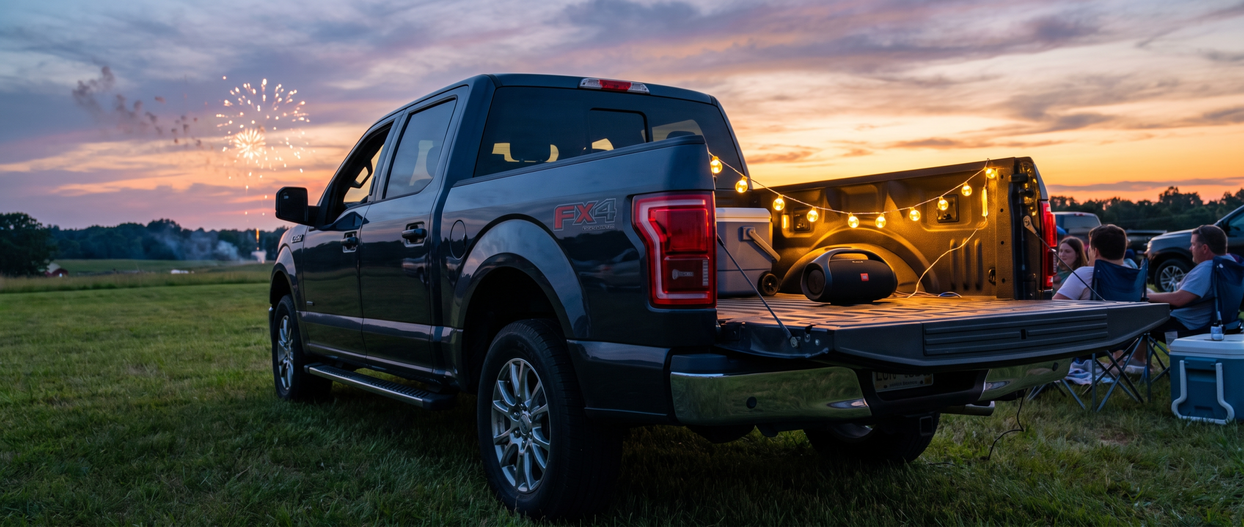 Ford F-150 tailgate open at a Greer SC fireworks event with bed outlets powering outdoor gear at dusk