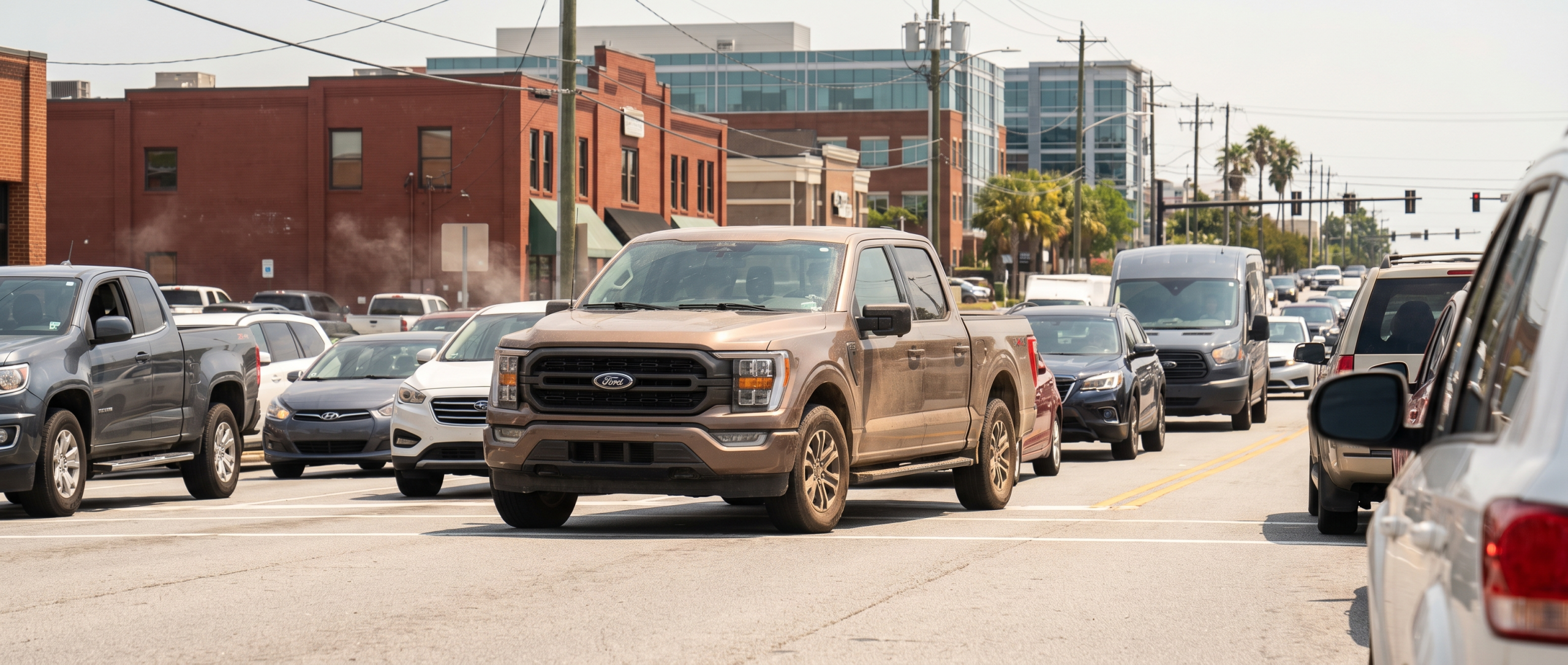 2026 Ford F-150 stopped in summer stop-and-go traffic on a busy commercial road in Greer, SC