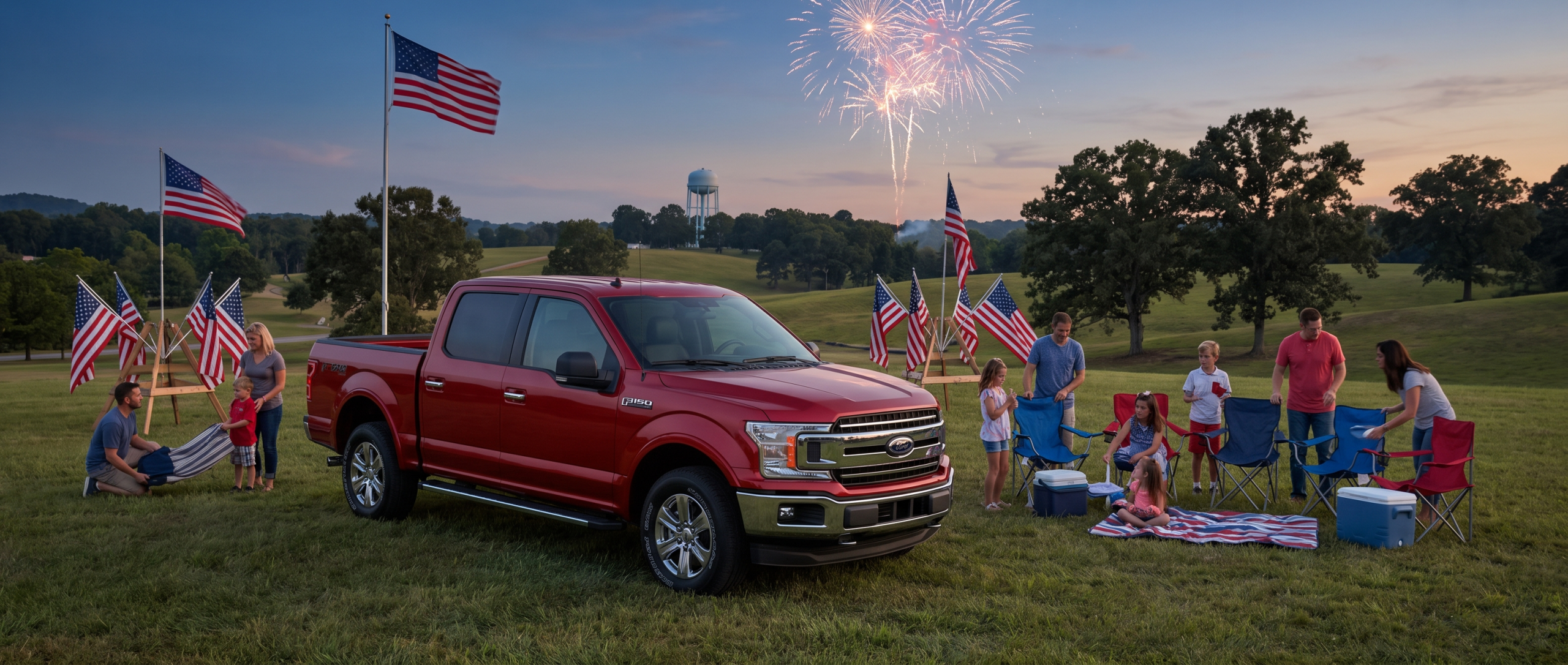 Ford F-150 tailgating at a Fourth of July community festival in Greer, SC, with tailgate down and folding chairs in the truck bed