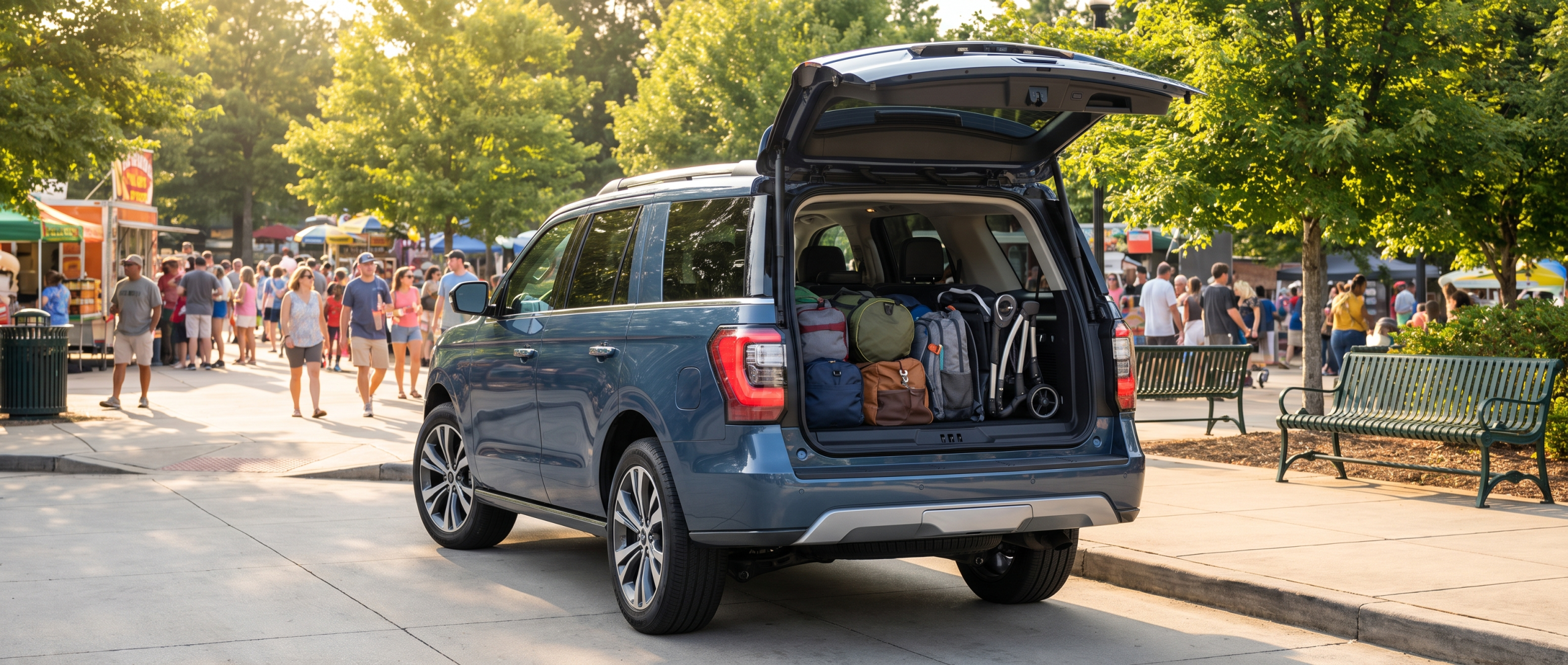 2026 Ford Expedition with liftgate open near Greer City Park on a summer event day