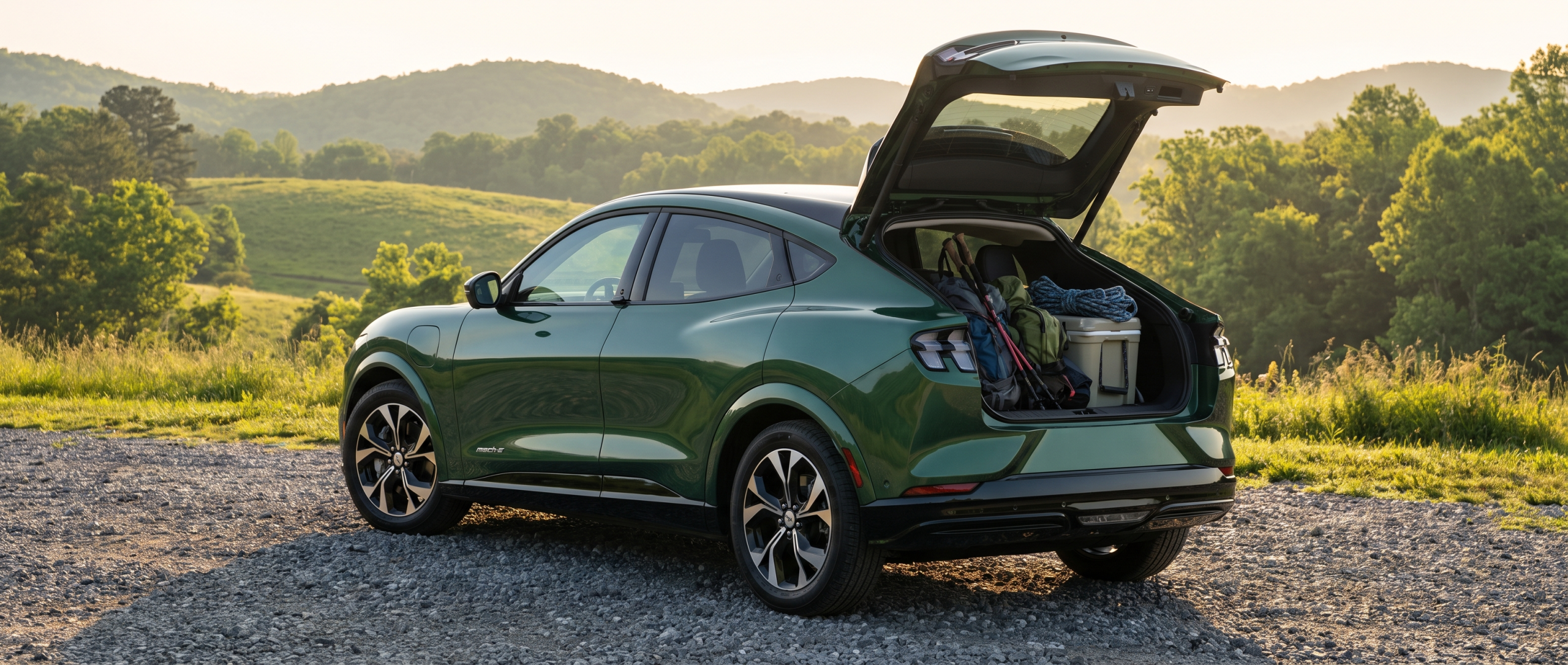 2026 Ford Mustang Mach-E hatch open with gear loaded, Greer SC foothills in background