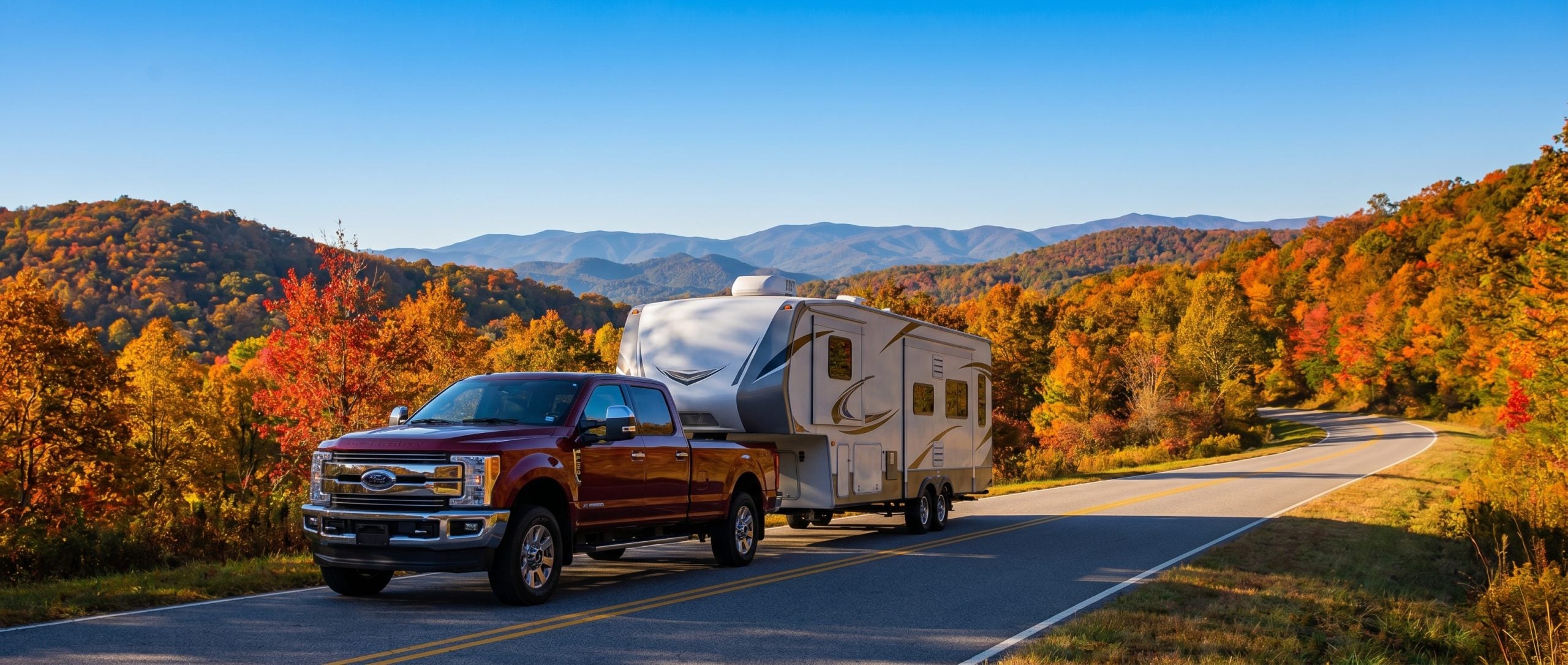 Ford Super Duty towing a camper through the Blue Ridge Mountains near Greer, SC