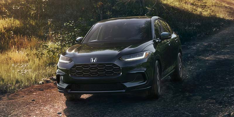 Black Honda SUV driving on a dirt road through grassy terrain.
