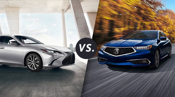 Grey Lexus ES 350 next to a blue Acura TLX side by side