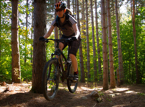 Someone biking through a forest