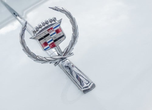 Cadillac decal on the hood of a white car