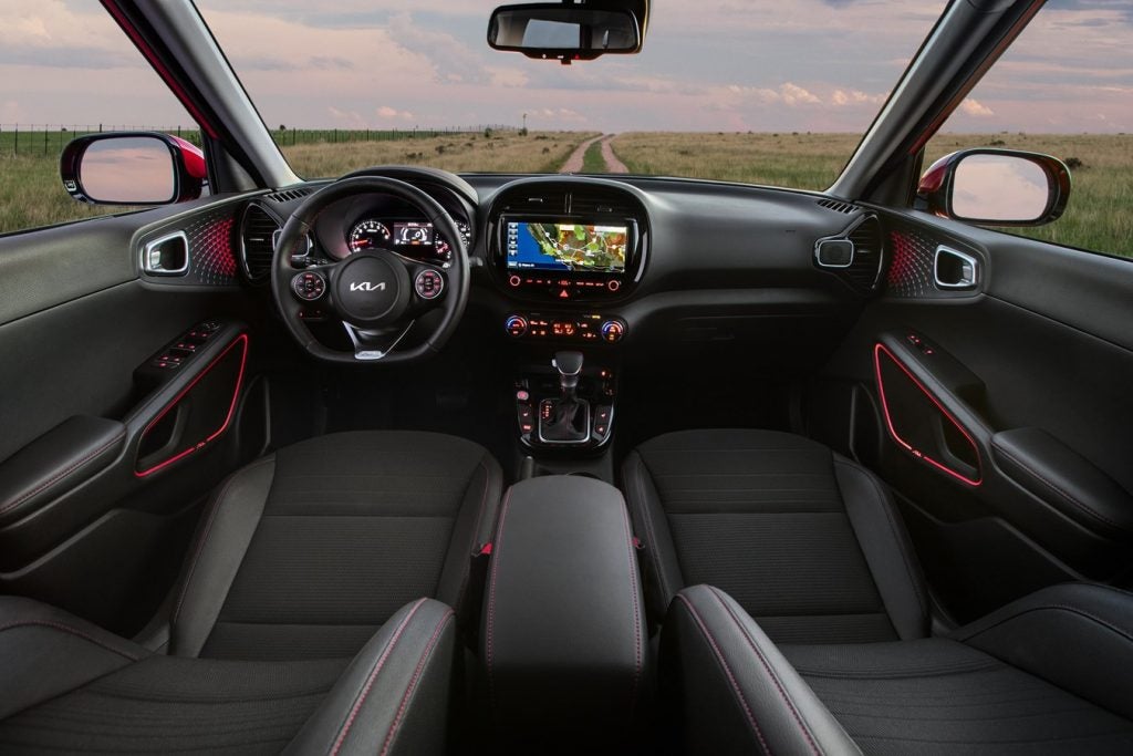 View of the dashboard from drivers seat inside the 2022 Kia Soul.