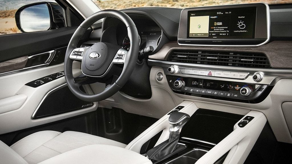 Dashboard view inside the 2022 Kia Telluride from the passenger seat.
