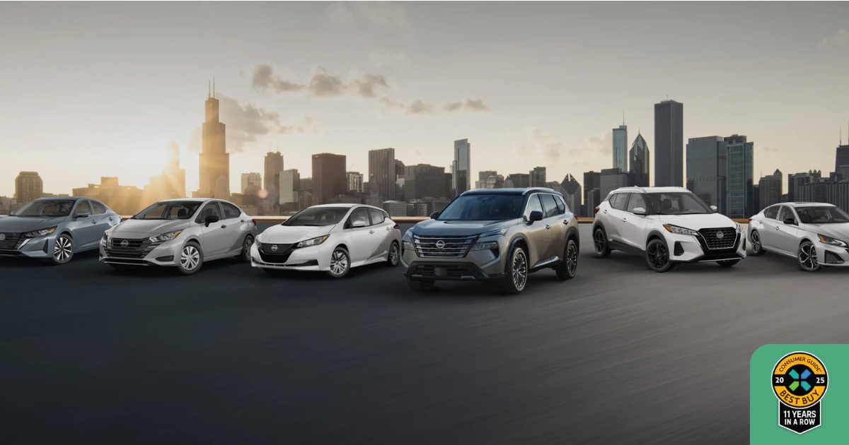 Photo of Nissan's 2025 lineup in a city backdrop