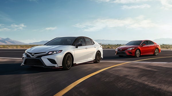 Two Toyota Camry driving on a curved road
