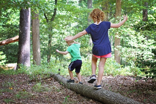 Two kids playing in a forest