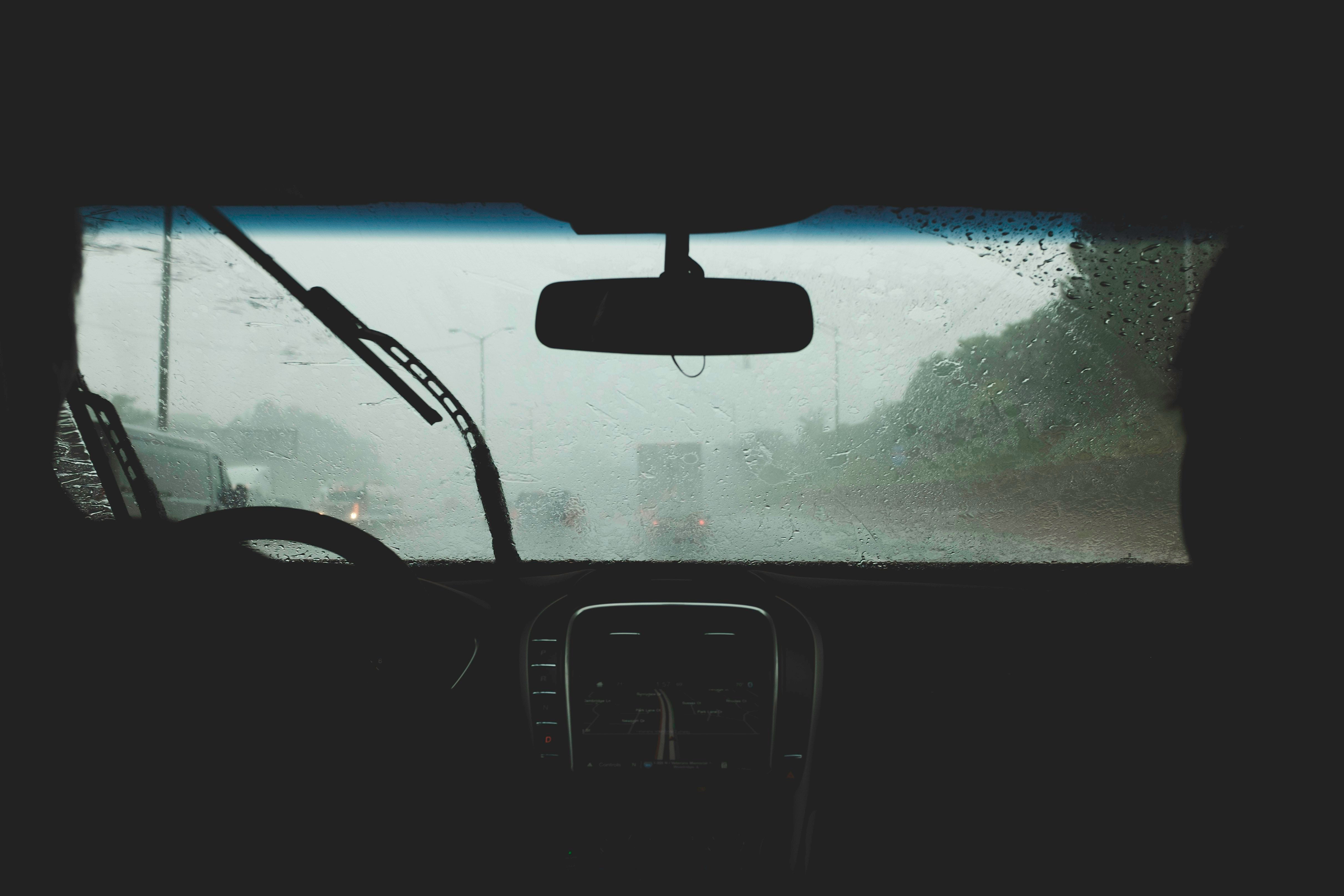 Inside of a car driving through the rain