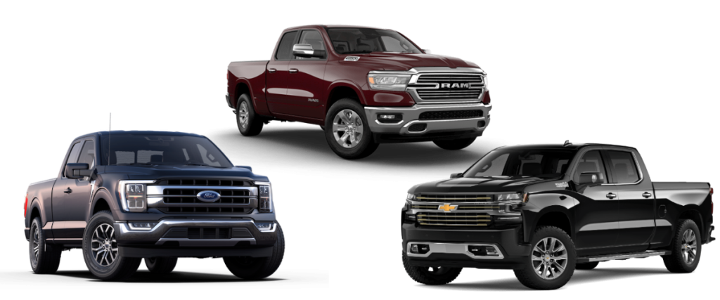 Ford F-150, Chevy Silverado 1500, and RAM 1500