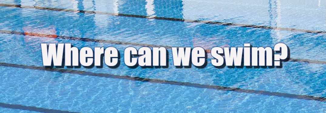 Swimming pool with Where can we swin? on it