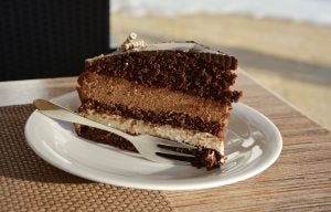 Multi-layered chocolate cake on a white saucer. | St. Louis, MO
