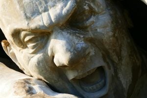 Close view of the face on a giant sculpture of a man. | St. Louis, MO