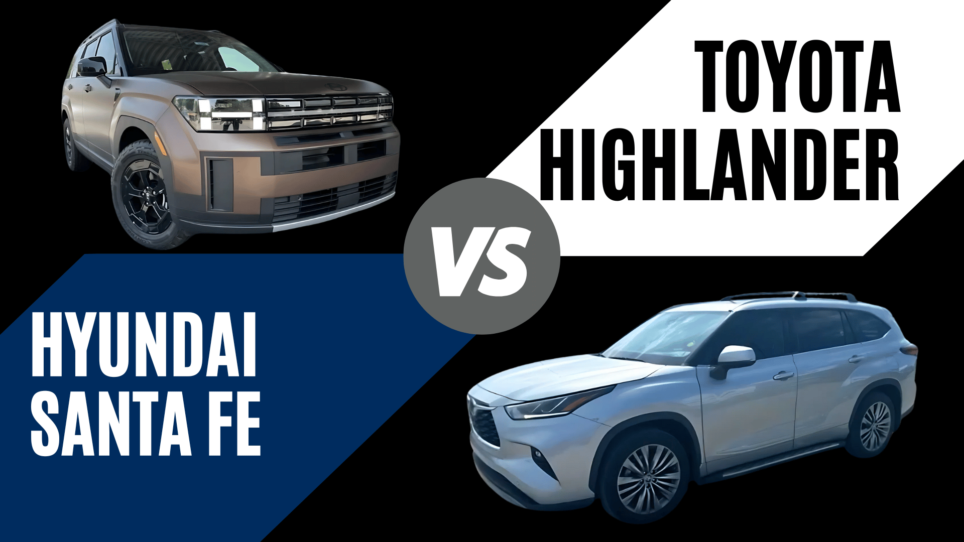 Side-by-side comparison graphic of the 2025 Hyundai Santa Fe and 2025 Toyota Highlander with bold model names and a “VS” icon between them.