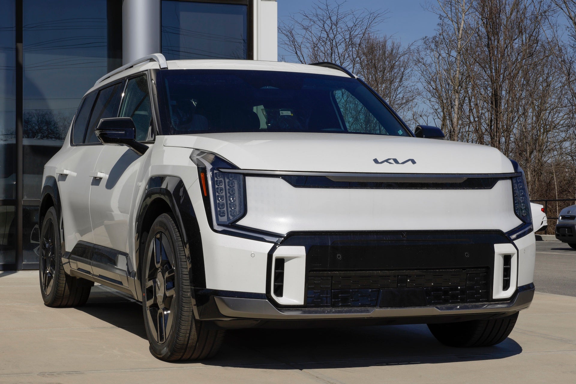 Kia EV9 GT-Line EV Electric Vehicle display at a dealership. Kia offers the EV9 in Light, Wind, and Land models. MY:2024