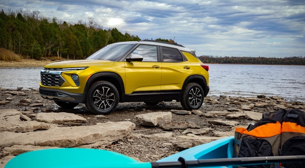 A yellow 2025 Chevy Trailblazer after leaving a Chevy dealer near Burnsville.