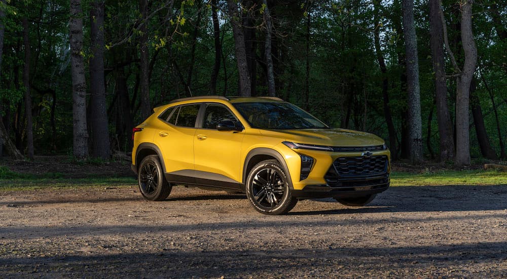 A yellow 2025 Chevy Trax after leaving a Chevy dealer near Eagan.