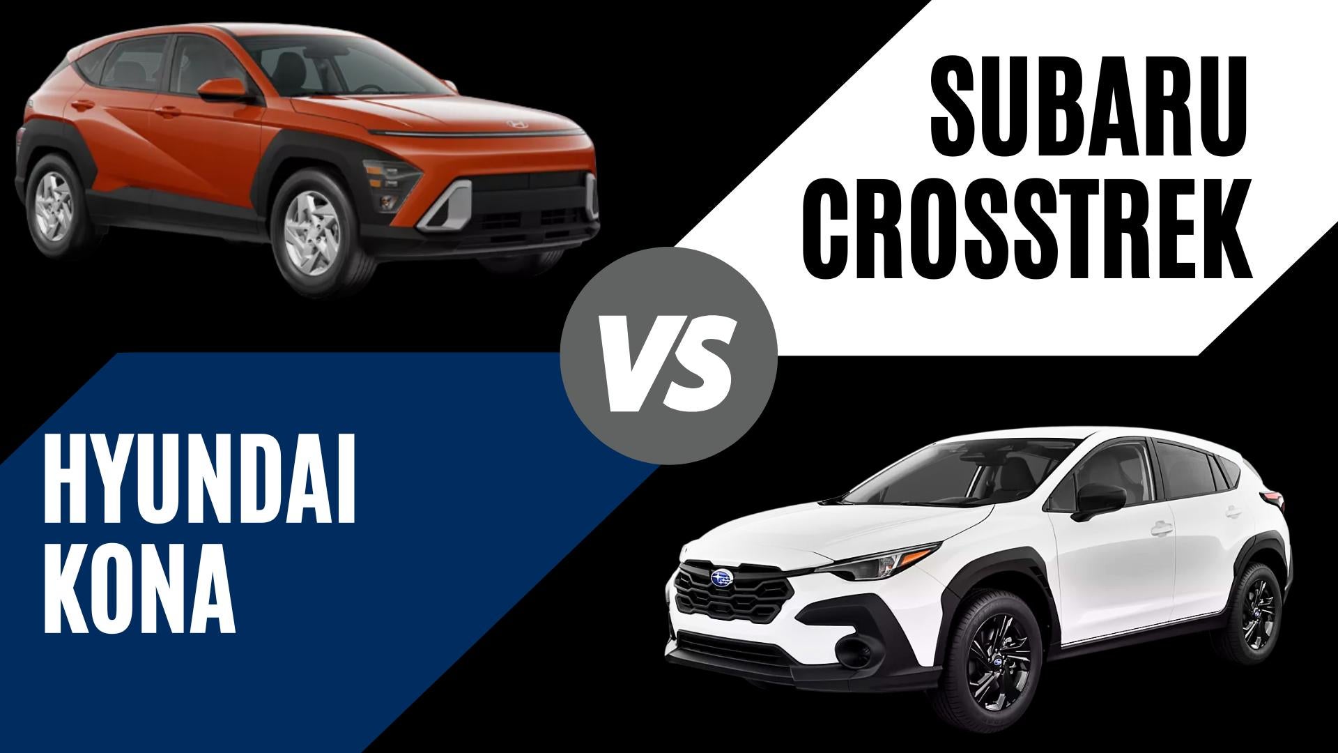 2026 Hyundai Kona vs 2026 Subaru Crosstrek comparison graphic showing both compact SUVs side by side in Bentonville, AR