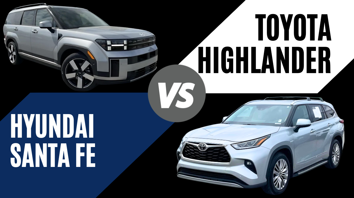 Side-by-side comparison of the 2025 Hyundai Santa Fe and 2025 Toyota Highlander SUVs with bold VS graphic overlay