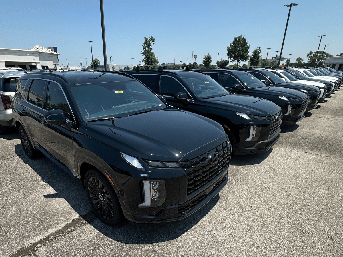 Multiple black 2025 Hyundai Palisade SUVs parked in a row at Crain Hyundai of Bentonville under a sunny sky.