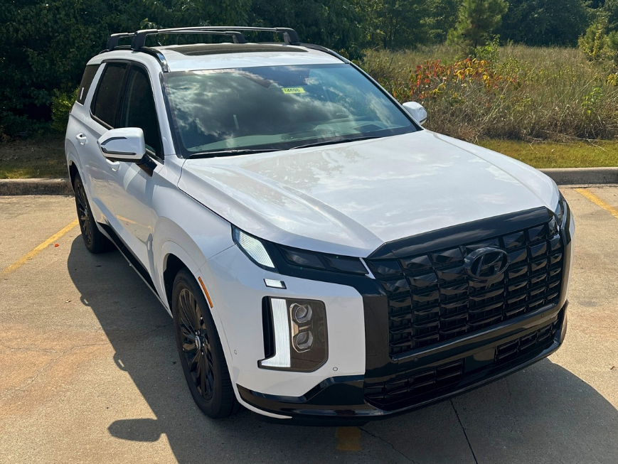 White 2025 Hyundai Palisade with black grille and roof rails parked in Bentonville under sunny autumn skies