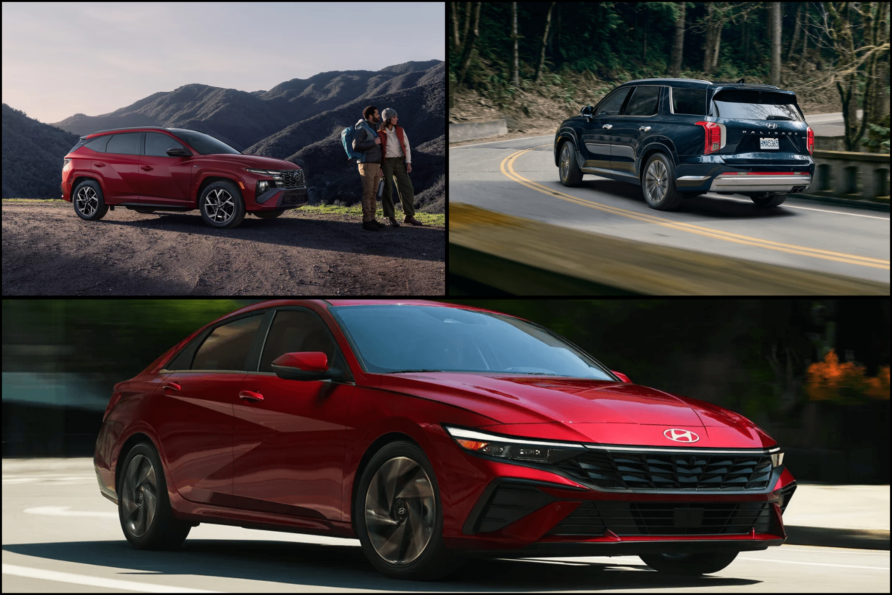 Three Hyundai models: Elantra Hybrid, Tucson Hybrid, and Palisade