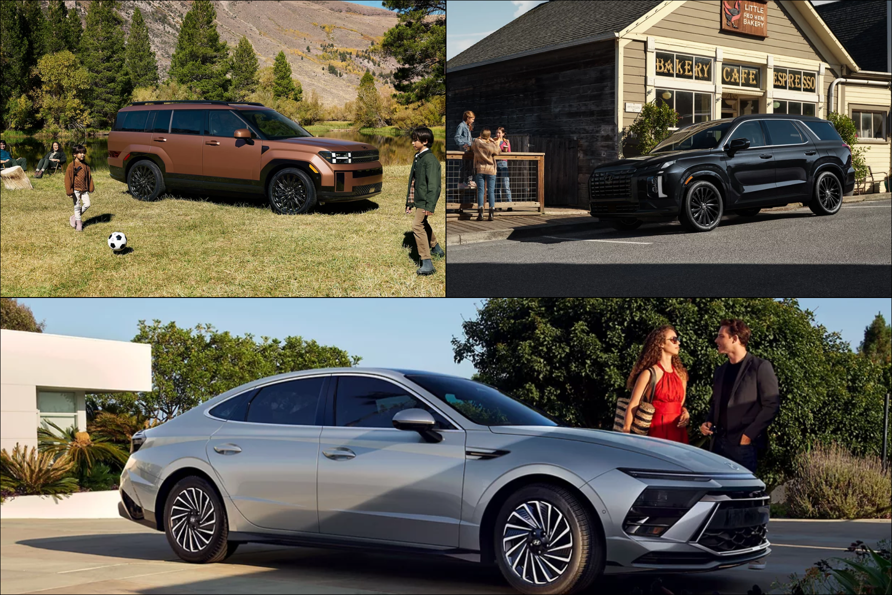 Collage of three 2026 Hyundai hybrid models: Palisade, Santa Fe, and Sonata