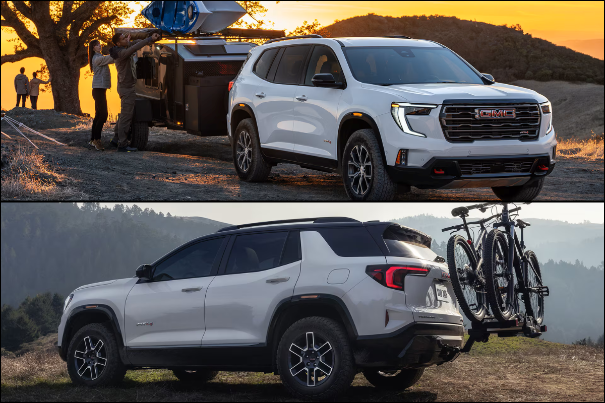 2026 GMC Acadia with a trailer, 2026 GMC Terrain with bikes mounted