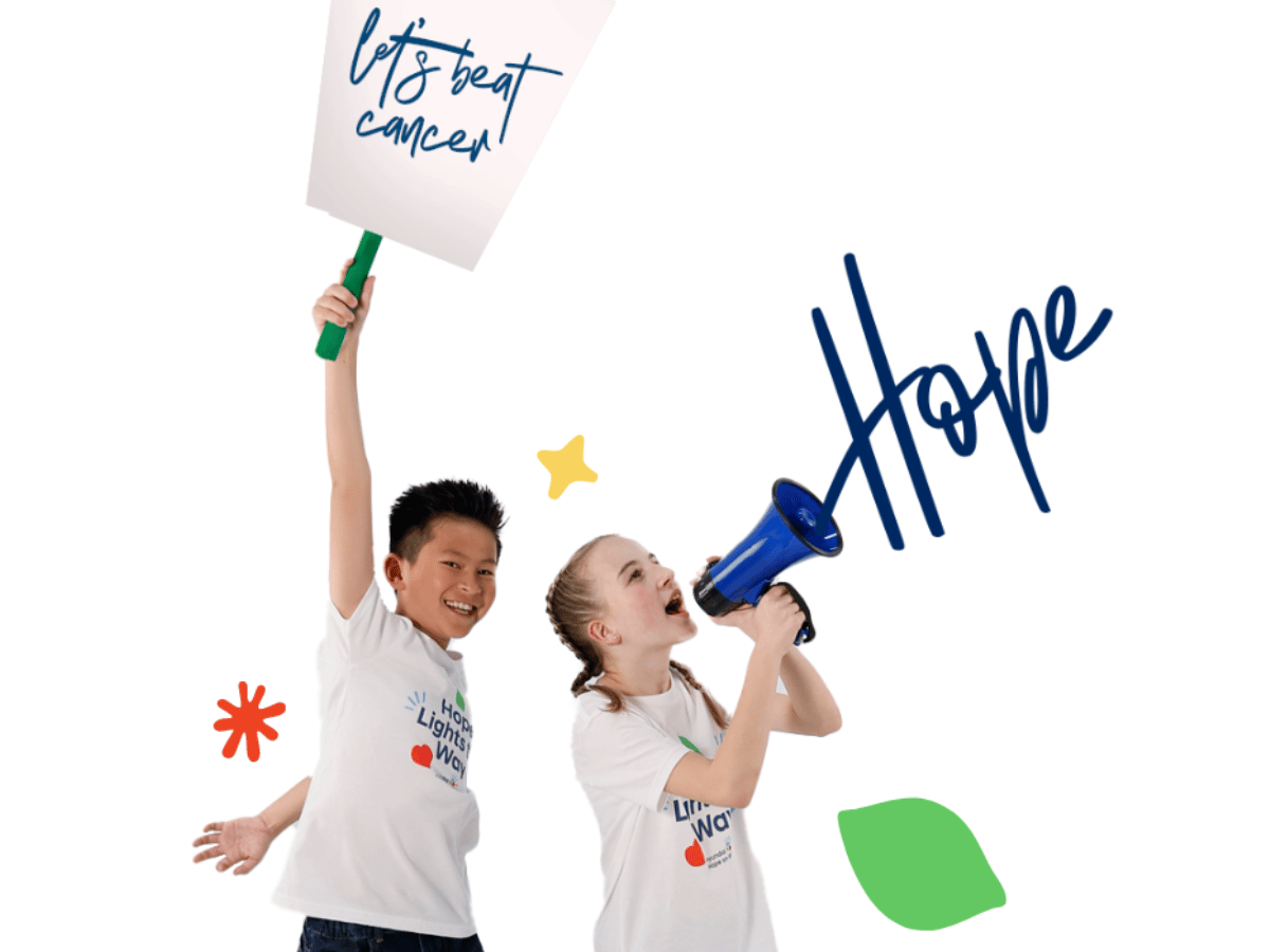 Two children enthusiastically support Hyundai Hope on Wheels—one holding a "Let's Beat Cancer" sign and the other shouting through a blue megaphone, both wearing "Hope Lights the Way" t-shirts.
