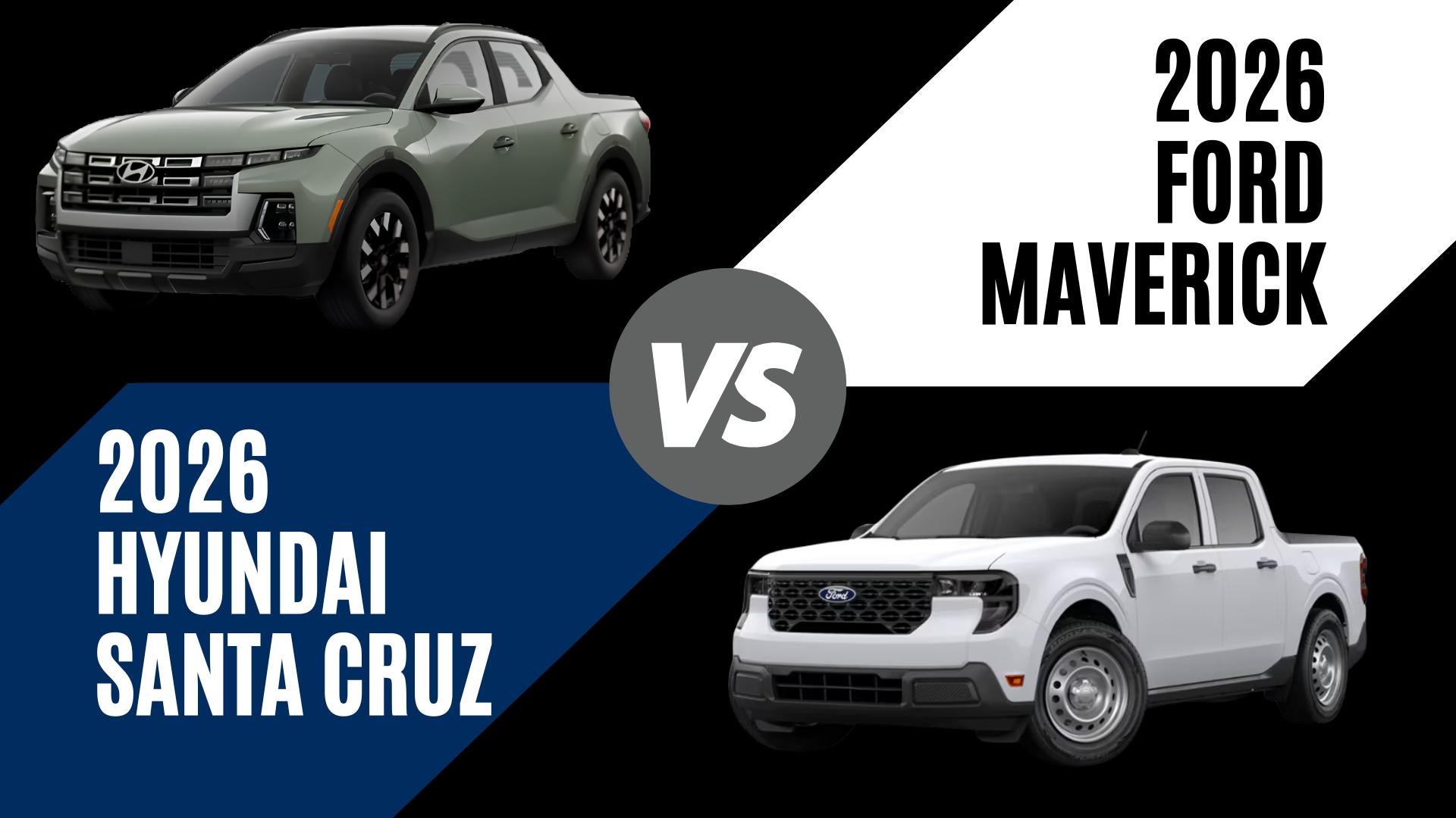 2026 Hyundai Santa Cruz and Ford Maverick comparison graphic for Fayetteville, Arkansas compact truck shoppers